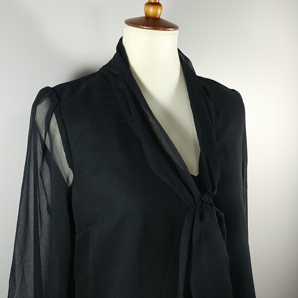 Top: NEW Sheer Long Sleeve Lined Blouse w Bow - Picture 2 of 7